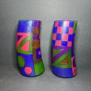 Funktini Color Me Happy Set of 2 Colorful Geometric Curved Glass Tumblers Cups